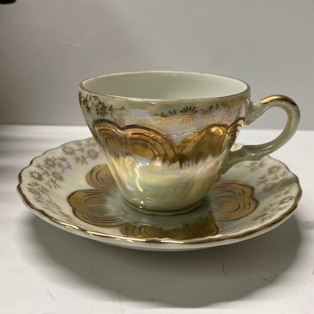 Vintage Sterling China Hand-painted Teacup/Saucer Gold Gilded Lusterware Japan